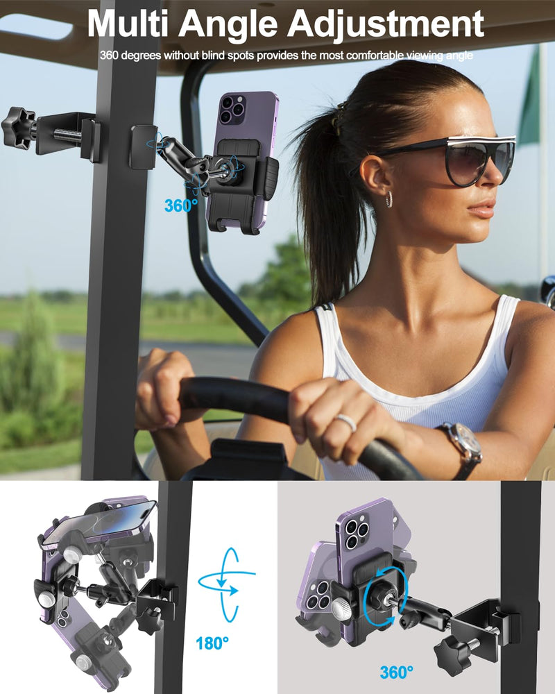 woleyi Golf Cart Phone Holder - [Wider Clamp & Metal Arm] 360° Adjustable Phone Mount for Golf Cart Clip, Compatible with EZGO/Club Car/Yamaha Accessories, for iPhone 16 15 14 13 12 11 XR X 8 Pro Max