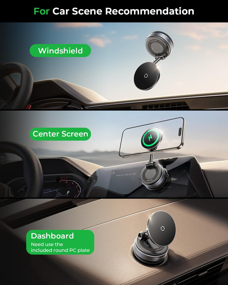 MRGLAS for 15W MagSafe Car Mount Charger, Vacuum Magnetic Wireless Car Charger for iPhone 17 Pro Max Accessories, Suction Cup Phone Mount Charger for iPhone 16 16e 15 14 13 with MagSafe Case