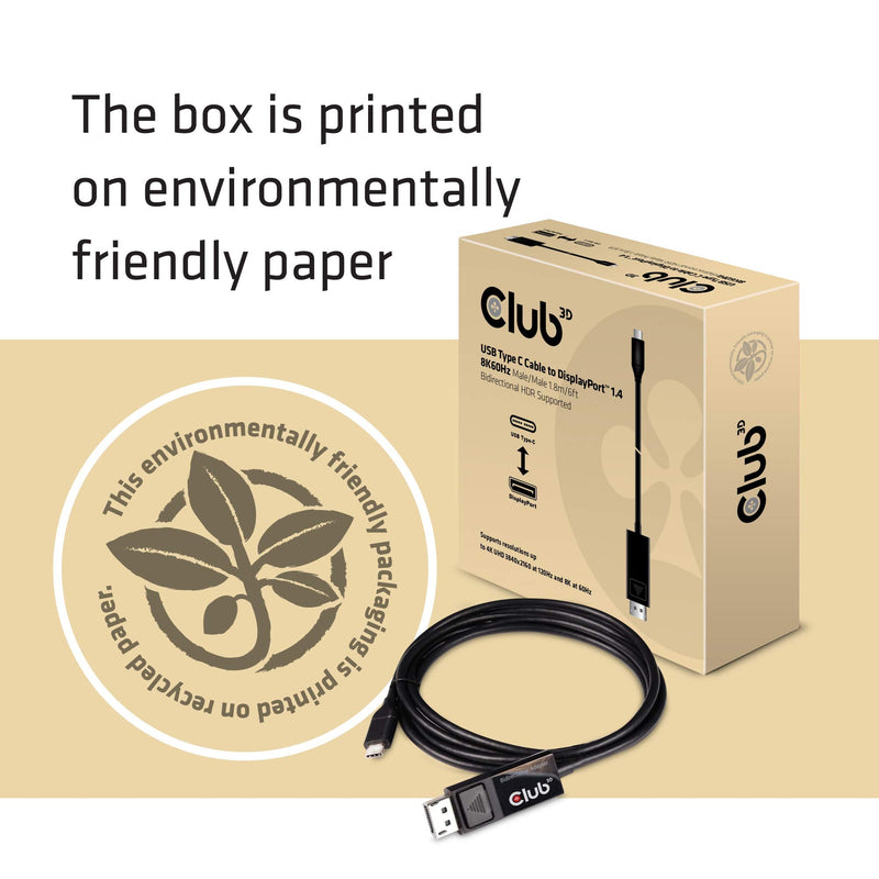 Club3D CAC-1557 USB Type C to Displayport 1.4 Bi-Directional Cable with 8K 60Hz, 4K 120Hz HDR Video Support 1.8m-6ft M/M