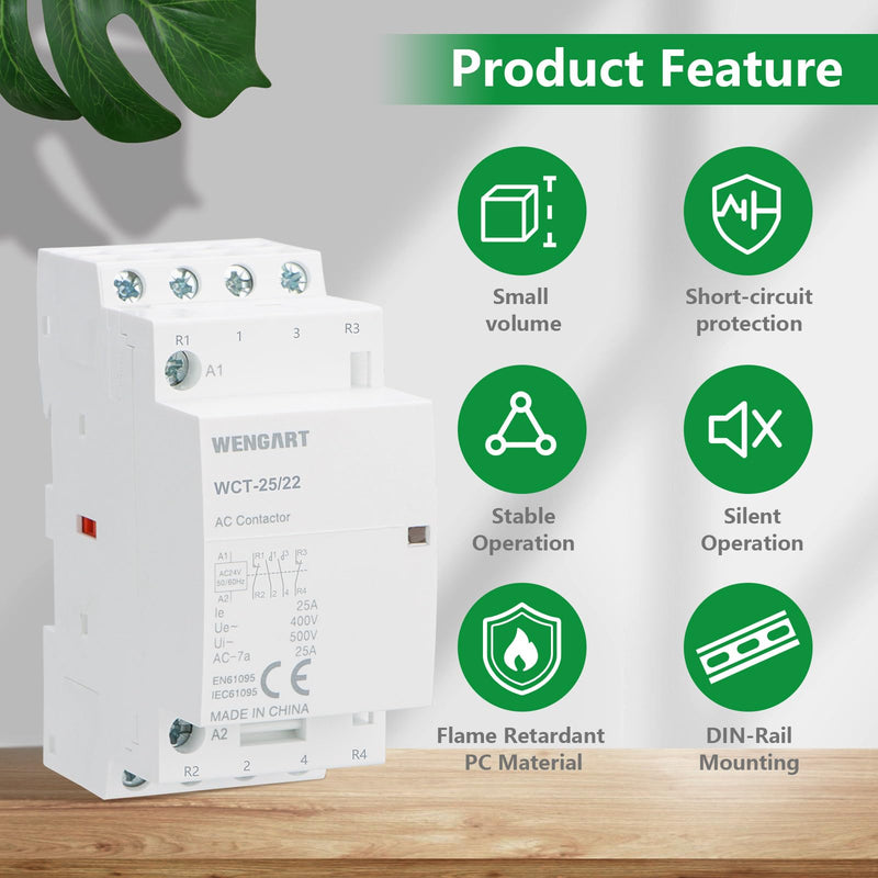 Wengart Installation contactor 25A 2NO2NC for electricians for safe priority switching without risk of short circuit with compact 36 mm width and hum-free AC 24 V coil