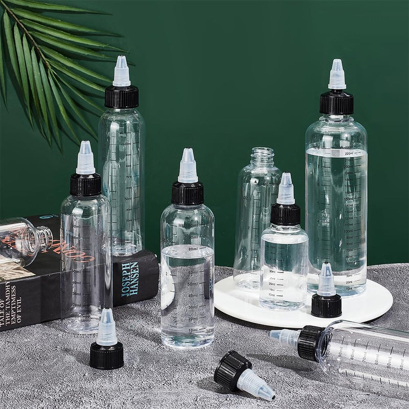 BENECREAT 10PCS 100ml/3.38 oz Transparent Plastic Squeeze Bottles with Scale and Black Twist Cap Graduated Squeeze Dispensing Bottles for Ink Liquid, Oils, Gels, Glue (Pack of 2) 3.38 oz (Pack of 2)