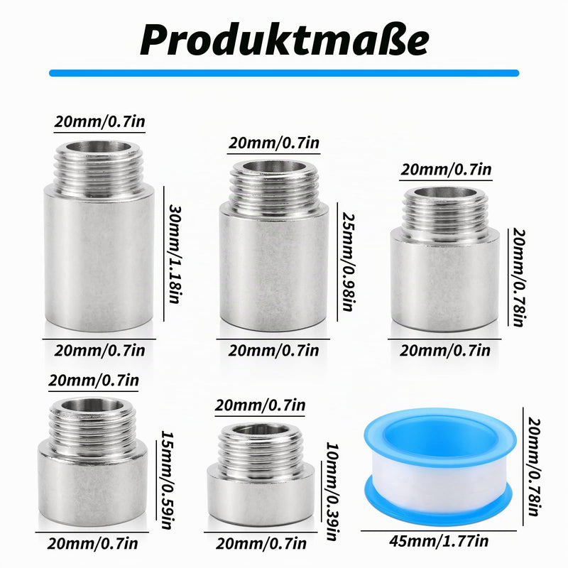 5 Piece Tap Extension 1/2 Inch, Tap Extension 10/15/20/25/30 mm, Stainless Steel Extension Fitting, Water Connection Extension, Thread Fitting for Taps, Corner Valves, Shower Heads