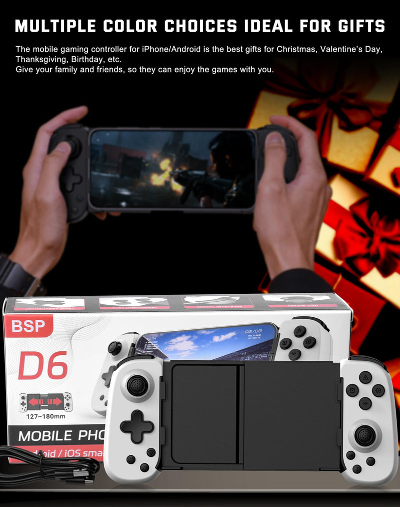 Joso Phone Controller for iPhone/Android/PC, D6 Wireless Game Controller for Switch/PS3/PS4 with Hall Joystick/Turbo/6-Axis Gyro/Dual Motor, iOS Android Controller Support Cloud Gaming/Remote Play White