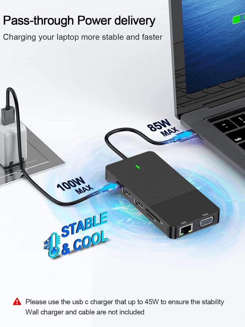 12-in-1 USB C Docking Station with Dual 4K HDMI, VGA, Gigabit Ethernet, 100W PD Charging, 4 USB Ports, SD/TF Card Reader for MacBook/Windows/Laptop