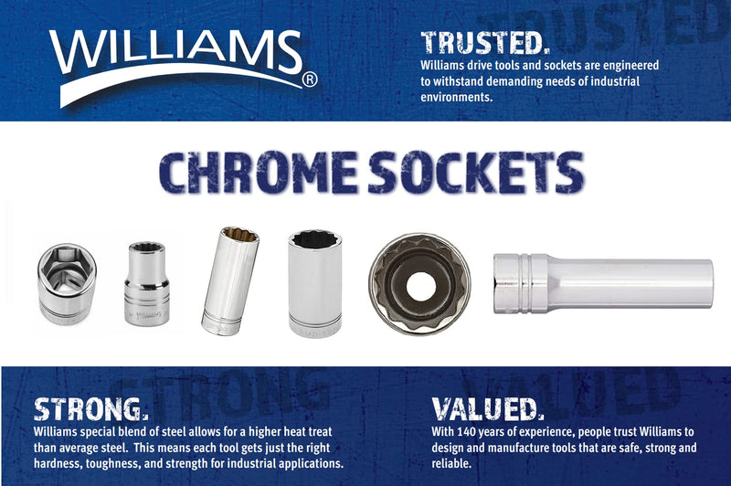 Williams JHWWSBD-7RC SuperTorque 7-Piece 3/8-Inch Drive 8 Point Socket Set Lobular Openings Chamfered Ends High Polish Chrome Finish 7 Piece Set