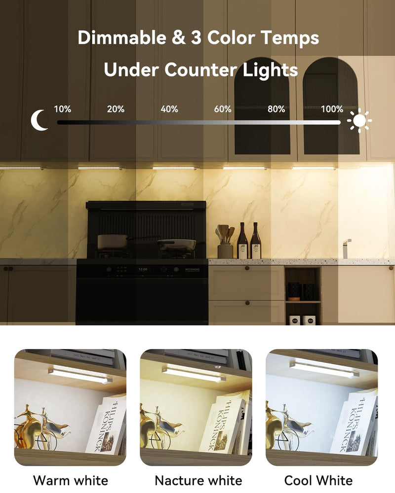 Under Cabinet Lighting 4 Inches Rechargeable Motion Sensor Light Indoor, 3 Color Dimmable Closet Light Battery Operated, USB Stick on LED Magnetic Under Counter Lights for Kitchen Stair,12 Packs 4inch-12pack