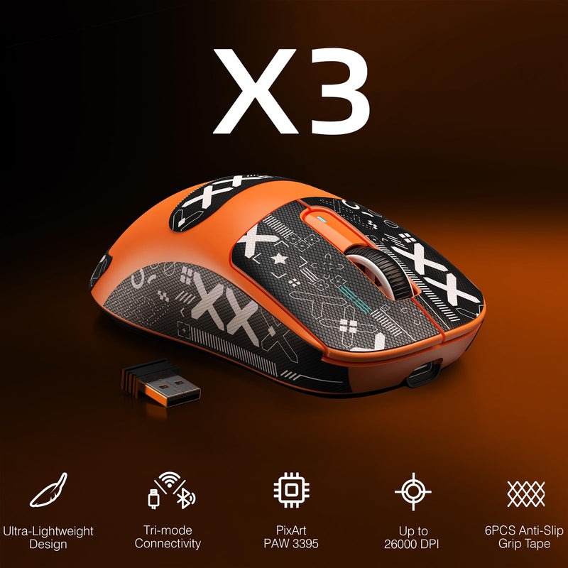 ATTACK SHARK X3 Wireless Gaming Mouse, 49g Triple Mode Ergonomic Computer Mouse, PAW3395 26K DPI Sensor, 200h Battery Life, Griptape, Programmable Buttons for PC/Laptop/Mac (Orange) Orange & Griptape