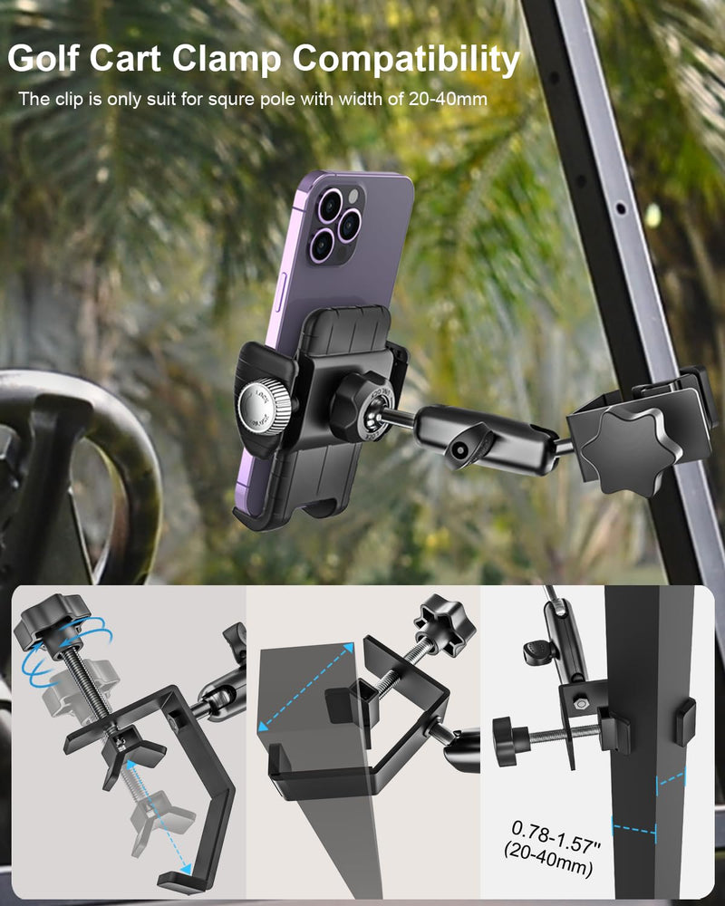 woleyi Golf Cart Phone Holder - [Wider Clamp & Metal Arm] 360° Adjustable Phone Mount for Golf Cart Clip, Compatible with EZGO/Club Car/Yamaha Accessories, for iPhone 16 15 14 13 12 11 XR X 8 Pro Max