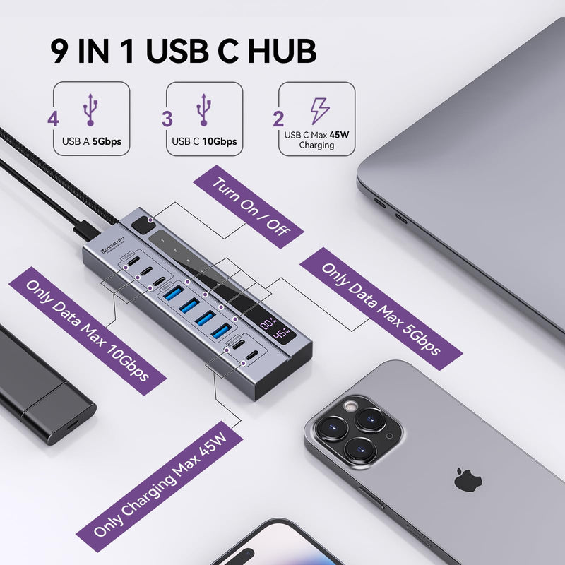Minisopuru Powered USB C Hub – Support Max 45W Charging with 65W USB-C Power Adapter, 10Gbps, USBC Hub Charging for Meta Quest Pro, Steam, iPad Pro, iPhone, Watch (Not for Monitor) 9 in 1 PD