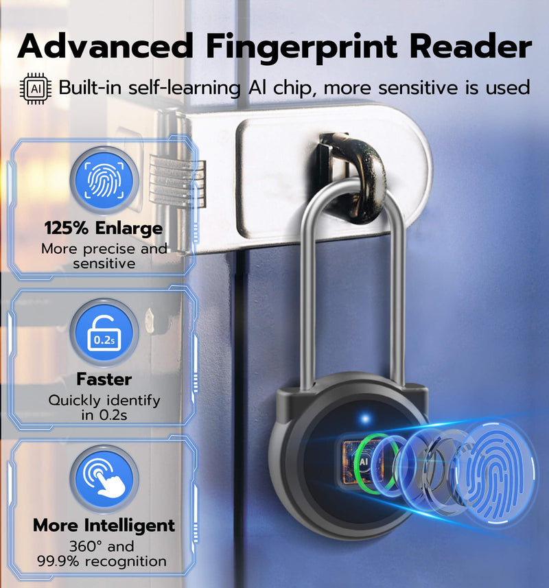 Anweller Fingerprint Gym Locker Lock, Keyless Biometric Long Shackle Small Padlock, Electronic Digital Bluetooth Smart Waterproof Pad Lock for Outdoor Fence Gate School Storage Sport Backpack Travel
