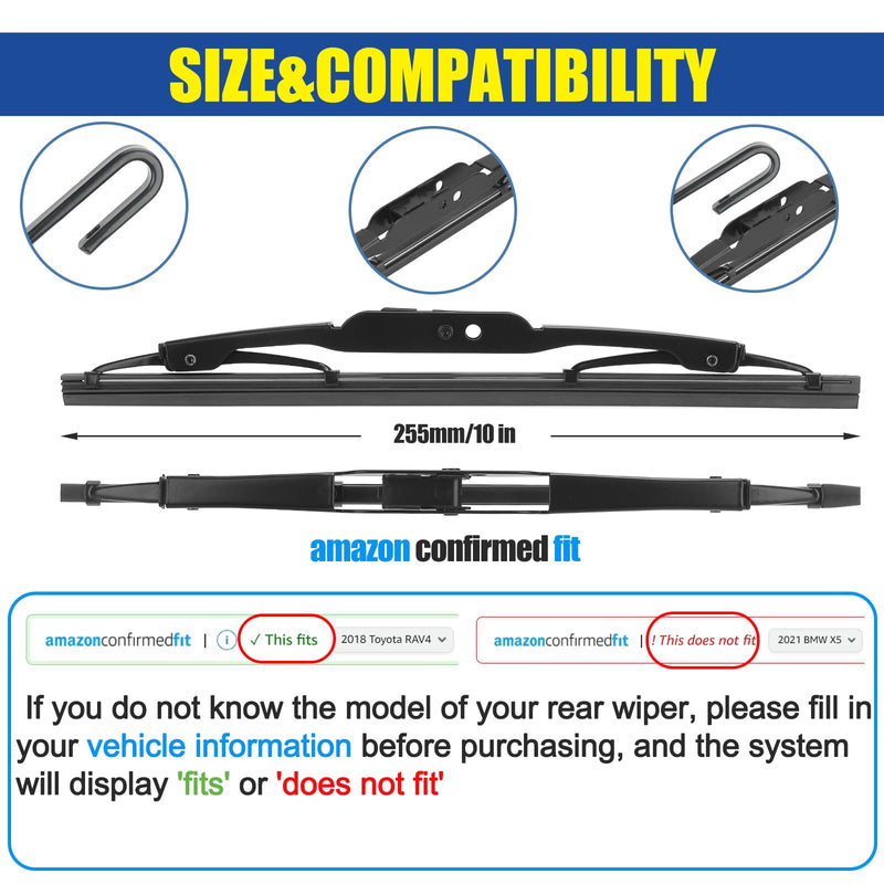 10" Rear Wiper Blade For Chevy Traverse 24-18 /Buick Enclave 24-18，Encore 22-13 /Hummer H2 09-03 H3 10-06 /Dodge Nitro 12-09 /Saturn Vue 07-02 /Mazda Tribute 06-01 Back Windshield Wiper Blades (10-N) 10-N(10")