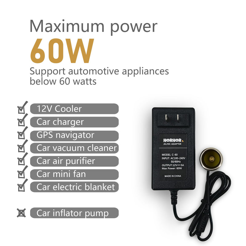 60W 5A AC to DC Converter, Car Cigarette Lighter Adapter, 110v/120v to 12v AC/DC Adapter Power Supply for Convert a Wall Outlet to a Car Cigarette Lighter Socket