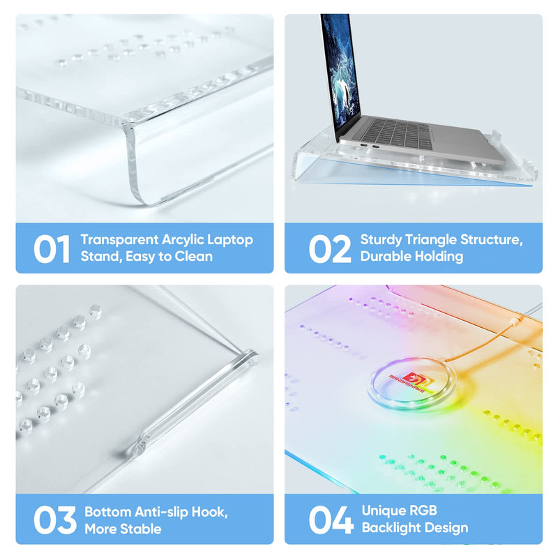 Acrylic Laptop Stand Clear Tablet Holder with 366 Kinds of RGB Backlight,Multiple Heat Dissipation Vents Ergonomic Tilted Mount Riser for PC,Notebook,MacBook,Phone from 10 to 17.3 Inch Work/Home