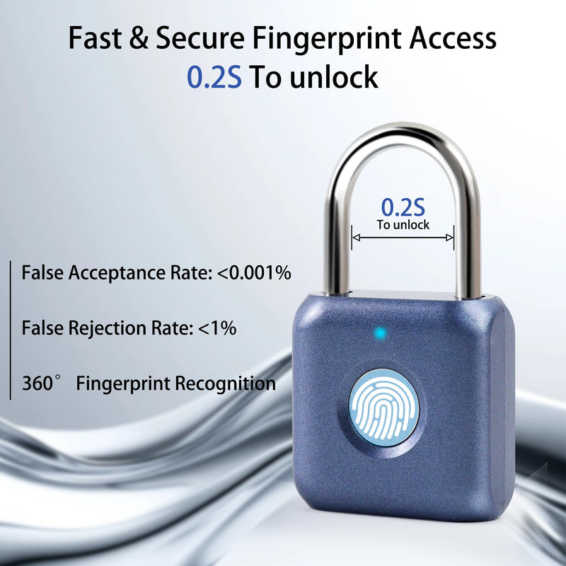 Fingerprint Padlock, Keyless Biometric Lock, Water-Resistant, USB Rechargeable Smart Lock for Bookcases, Bikes, Sports Lockers, Storage, Blue