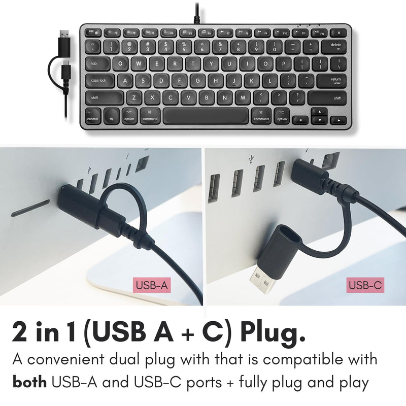 Macally Wired Keyboard for Mac with USB Hub (2X USB-C / 1x USB-A) - Compatible Small Apple Keyboard with 2 in 1 USB Plug - Save Space with an USB C Keyboard for Macbook Pro/Air, Mac Mini, iMac
