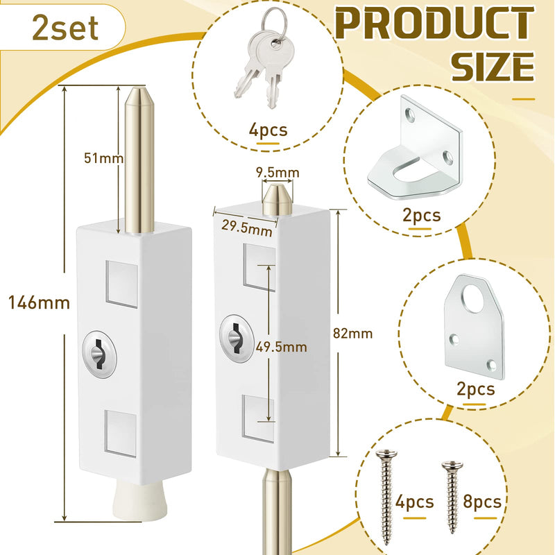 Dunzy 2 Pieces Sliding Door Lock Rectangle Patio Door Lock Keyed for Glass Hinged Security Bar Steel Bolt Zinc Alloy Iron Portable to Prevent Sliding