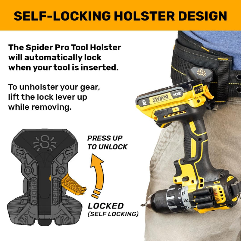 Spider Tool Holster - Pro Tool Holster + One Tool Grip + One Driver Pin - Upgraded, Self Locking Multi Tool Holder with Ambidextrous Thumb Lock