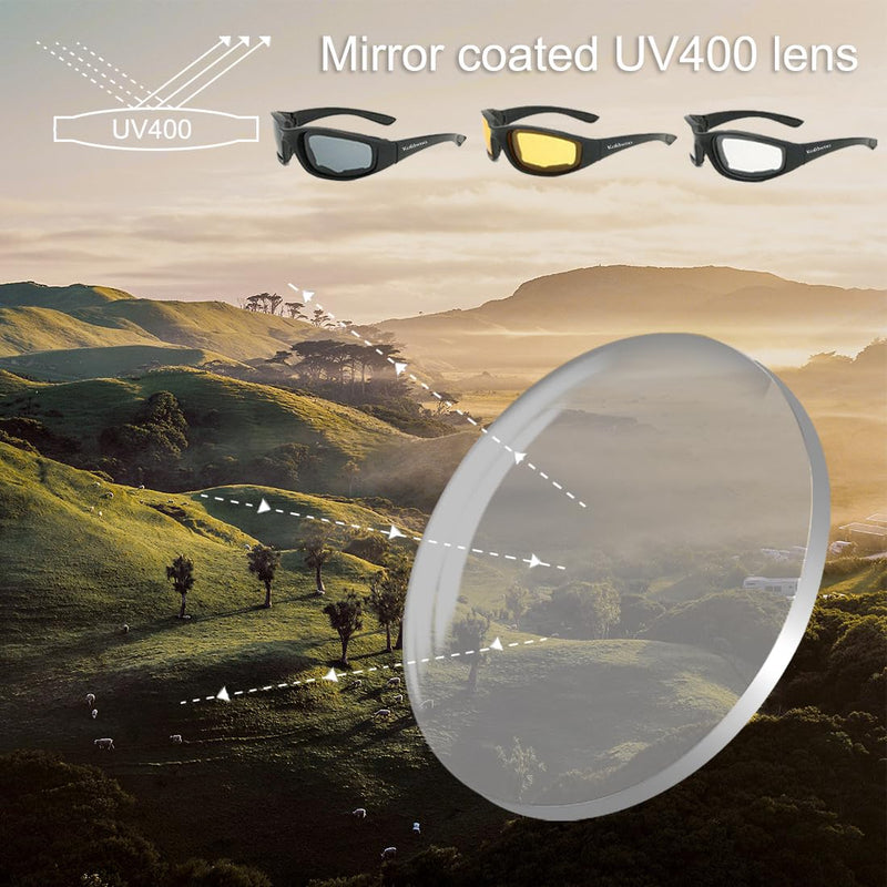 3 Pairs Motorcycle Riding Glasses Foam Padded Eyewear Goggles UV Protection Anti-Wind Dustproof Motorcycle Sunglasses for Outdoor Activities Sports-Clear Yellow Smoke