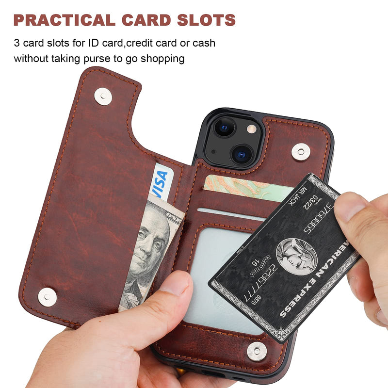 Compatible with iPhone 13 Wallet Case with Card Holder, PU Leather Kickstand Card Slots Case, Double Magnetic Clasp Durable Shockproof Cover 6.1 Inch(Brown) Brown