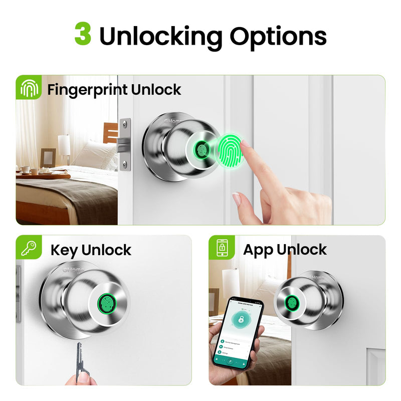 GHome Smart Fingerprint Door Lock, 3 in 1 Smart Fingerprint Door Knob with App Control & Key, Auto Lock, Biometric Door Knobs with Lock for Bedroom, Garage, Home & Office 3 IN 1 - Silver