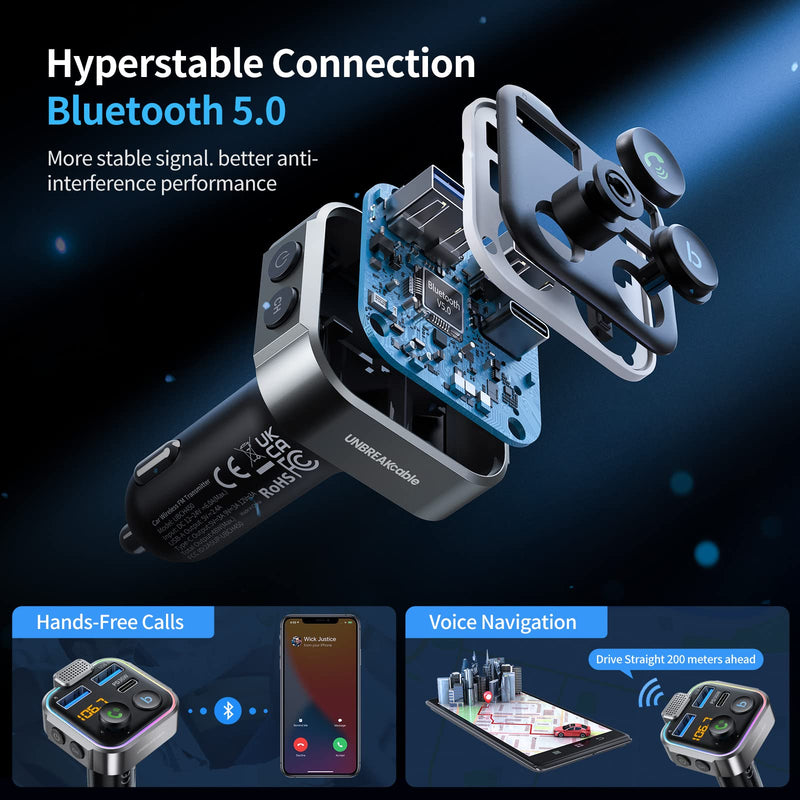 UNBREAKcable Bluetooth FM Transmitter for Car, PD 38W Fast Charging, Wireless Bluetooth FM Radio Adapter, Car Kit with Hands-Free Calls, HiFi Bass Boost MP3 Music Player Support USB Drive Grey