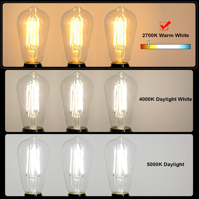 Ascher Vintage LED Edison Bulbs, 6W, Equivalent 60W, Non-Dimmable, Warm White 2700K, ST58 Antique LED Filament Bulbs with 80+ CRI, E26 Medium Base, Clear Glass, Pack of 8 8 Count (Pack of 1)