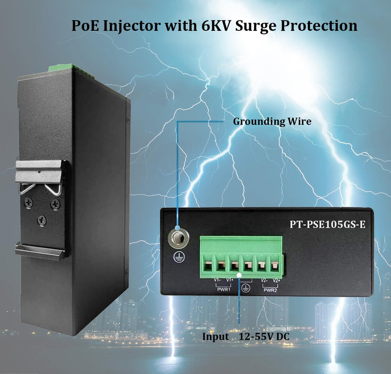 PROCET 30W SFP Fiber PoE Injector DIN Rail SFP/Uplink PoE+ Power Injector Gigabit Industrial, IEEE802.3af/at Compliant for IP Camera, Access Point, POS, Kiosks, PT-PSE105GS-E