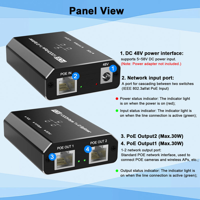 PoE Splitter with 4.25FT Cat6 Ethernet Cable, Gigabit Ethernet Switch 2 Port, Internet Splitter 1 in 2 Out, Non-PoE to PoE Adapter, Network Hub 1 in 2 Out, Plug & Play, Distance Up to 328 Ft. POE Splitter with Cable