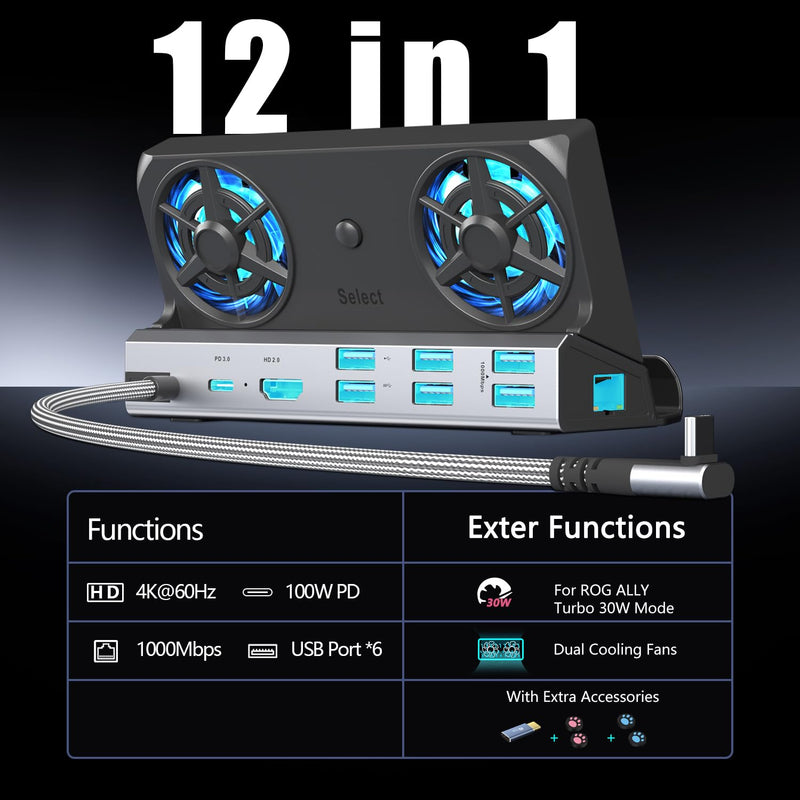 Dual Cooling Fans 12 in 1 Steam Deck Docking Station with 4K@60Hz 2.0,6 USB Ports,1000Mbps,USB-C 100W PD,40Gbps Adapter for Steam Deck/Rog Ally/Switch/Legion Go