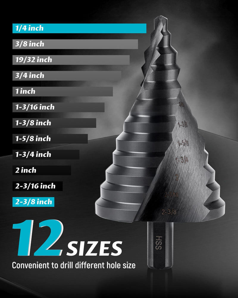 Lichamp Jumbo 2-3/8" Unibit Step Drill Bit for Metal, Extra Large Drill Stepper Bit for Hard Metal Heavy Duty, 12 Sizes from 1/4" to 2-3/8", Spiral Grooved, C5BK 12 Sizes,1/4" to 2-3/8"