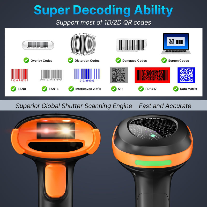 AGPTEK Bluetooth & 2.4GHz Wireless Barcode Scanner with Battery Indicator, Replaceable Battery, 2D/1D QR Code Reader, Wireless Charging Cradle, Ideal for Retail & Warehouse Use