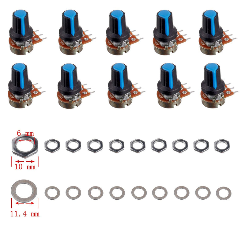 BOJACK 10 Sets B10K Knurled Shaft 3 Terminal Linear Taper Potentiometer (WH148) 10K Ohm Single-Turn Carbon Film Variable Resistors with Blue Plastic Buttons