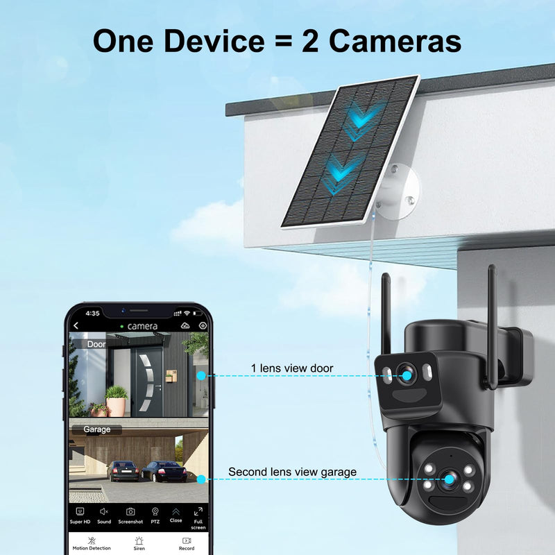 4K Solar Security Cameras Wireless Outdoor, 2.4G/5Ghz WiFi Cameras for Home Security, Dual Lens Solar Camera with Auto Tracking, Human Detection, Color Night Vision, Spotlight Siren,Alexa Black 1 Pack