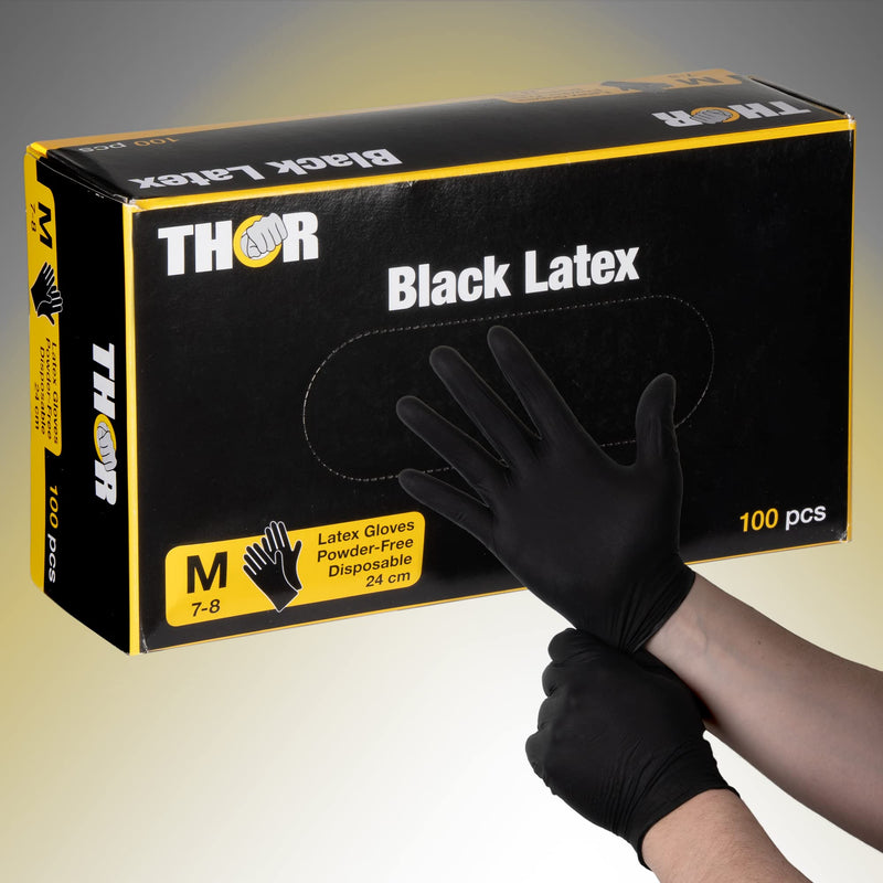 ABENA THOR Black latex gloves 100 pieces (size M) | Black powder-free disposable gloves for cooking, cleaning, grilling and much more Disposable gloves without powder | Disposable Glove Kitchen Workshop Pack of 1, Medium (7-8)