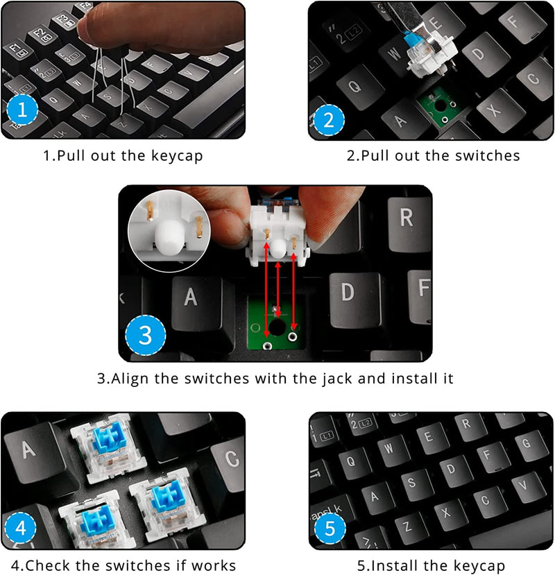 OUTEMU (Gaote) Blue Switches, 3 Pin Keyboard Dustproof DIY Replaceable Cherry MX Equivalent Keyswitch, Tactile & Clicky for Mechanical Gaming Keyboard, 60 Pack 60pcs