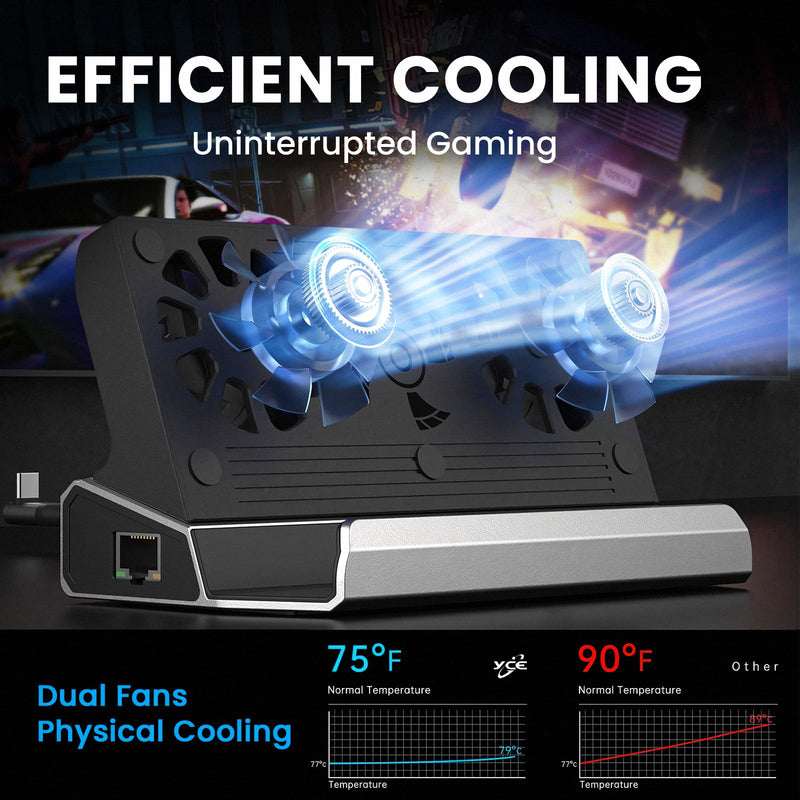 Docking Station for Steam Deck ROG Ally with Dual Cooling Fans, 10-IN-1 Stream Deck Dock with 4K@60Hz, 1000Mbps Gigabit Ethernet, 5USB Ports and 100W Charging Port for Steam Deck OLED/Switch/Legion Go