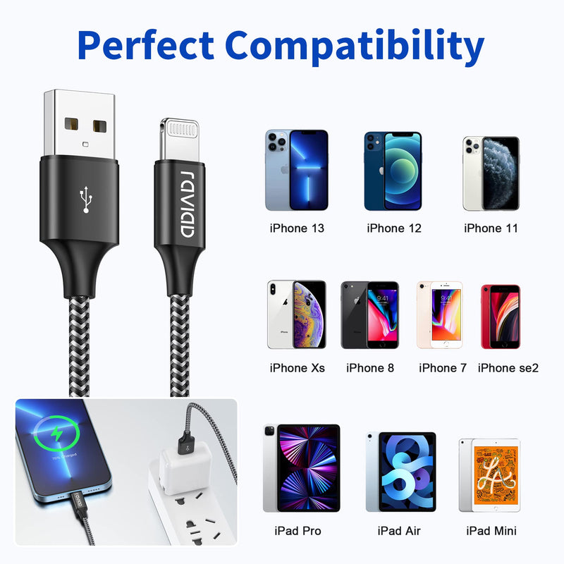 RAVIAD iPhone Charging Cable, Lightning Cable [3Pack 2M] Nylon iPhone Cable Charging Cable for iPhone 13/12/11/Pro/XS/XS Max/XR/X/8/8 Plus/7/7 Plus/6s/6/6 Plus/ 5S/5/SE, Mini/Air/Pro - Black