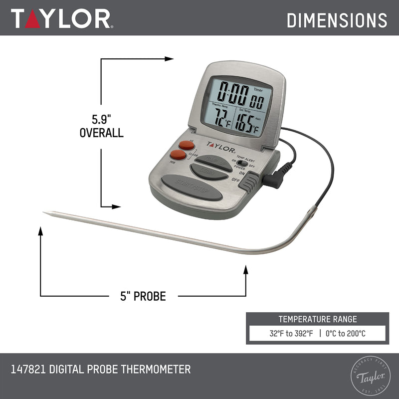 Taylor Programmable Instant-Read Wired Probe Digital Meat Thermometer, Stainless Steel for BBQ, Grill, Kitchen Cooking, Accurate Temperature Readings One Size 1478