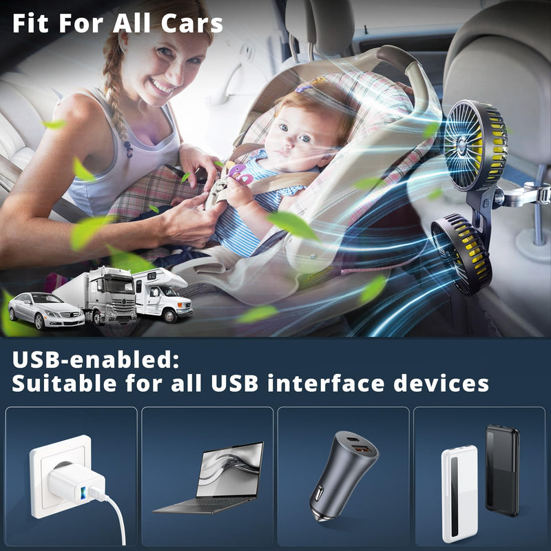 Car Fan for Backseat, Dual Head USB Car Seat Fan, 3 Speeds Strong Wind 360° Rotatable Vehicle Rear Headrest Fan for Car, Air Circulation Car Fans with Adjustable Clip for All Car Models