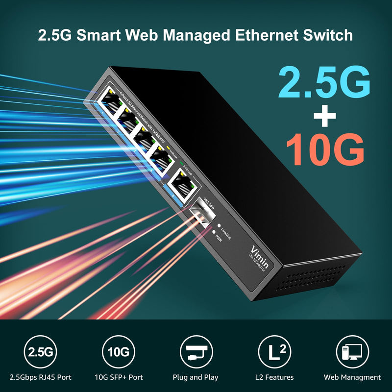 5 Port 2.5G Base-T Smart Web Ethernet Switch Managed with 10Gbps SFP Port, Compatible with 100/1000/2500Mbps Network, VIMIN 6-Port 2.5 Gigabit Managed Network Switch for 2.5G NAS, PC, Wireless AP 5x2.5G Ethernet+10G SFP(Managed)