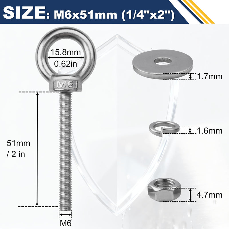 12 Pack M6 Stainless Steel Eye Bolts with Nuts, 1/4" x 2" Long Lifting Ring Eye Bolt， Eye Bolts Heavy Duty for Hang Tie Down Outdoor (12, M6x51mm (1/4"x2")) M6x51mm (1/4"x2") 12