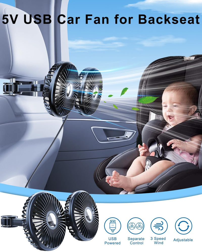 ELOHEI Backseat Car Fan,12V Quiet 3 Speed 360° Rotate Dual Head Usb Car Fans Strong Wind Power for Universal Cars SUV Sedan Trucks(Black) Black