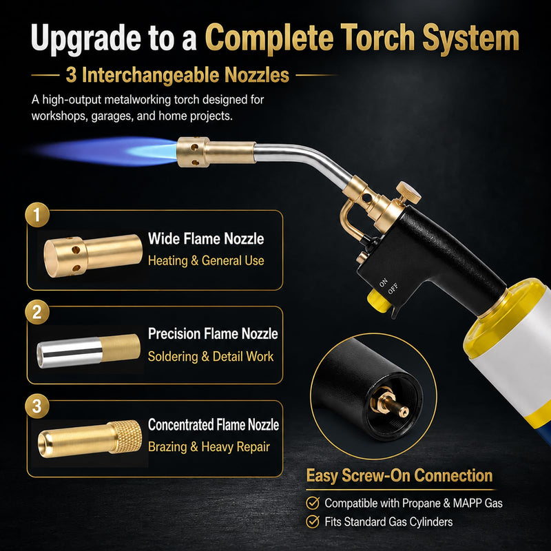 Wadoy Propane Torch Head Kit with 3 Nozzles, High Intensity Trigger-Start Soldering Torch Compatible with Bernzomaticc MAPP Propane for Soldering, Brazing, Welding, Map Gas Torch Head TS8000 1
