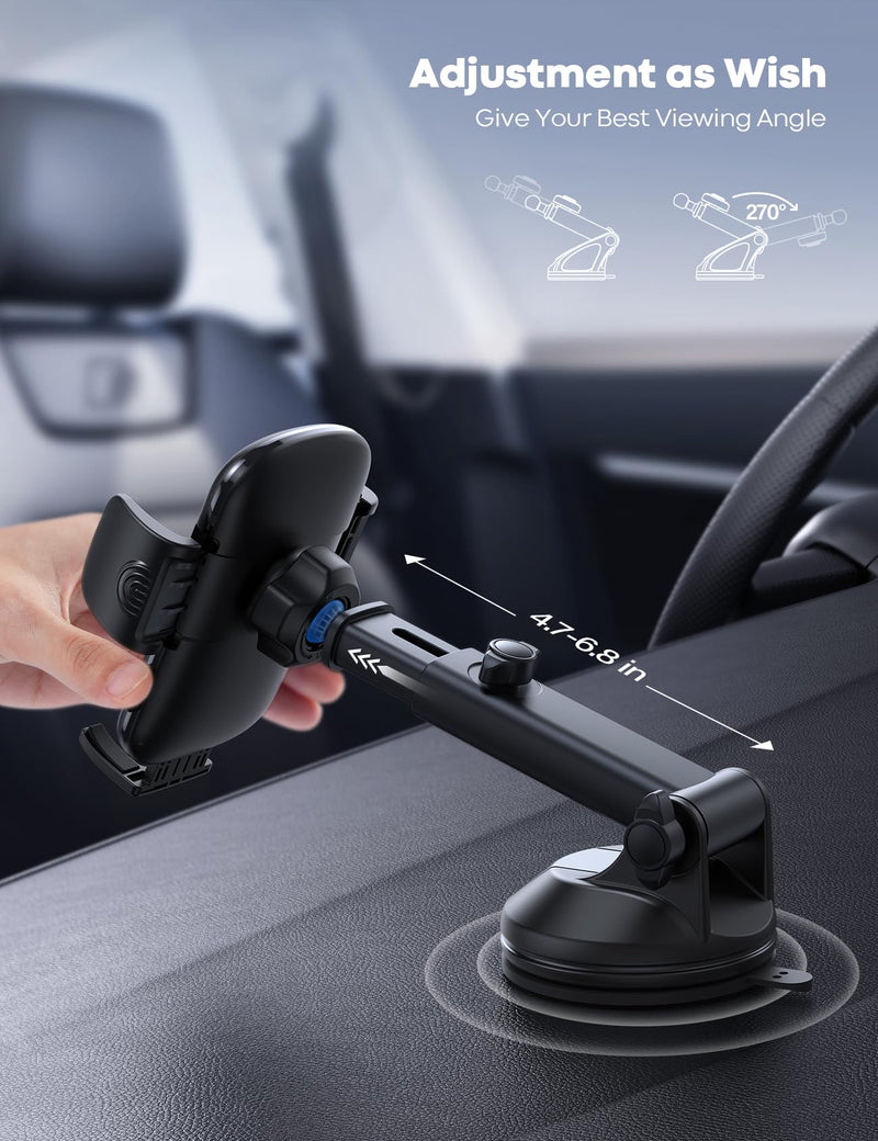 Lamicall Car Phone Holder - [Strongest Military-Grade Suction Cup] 360° Rotation Phone Holders for Your Car Quick Release Adjustable Car Phone Mount Dashboard for iPhone 16 Galaxy Smartphone Truck Black