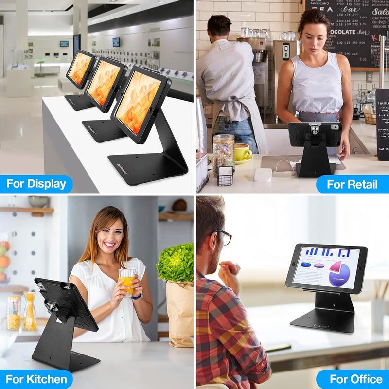 Desktop Anti-Theft Security Kiosk POS Stand Holder Enclosure with Lock and Key, Compatible with iPad Mini 1-5, Flip and Rotate Design, Black