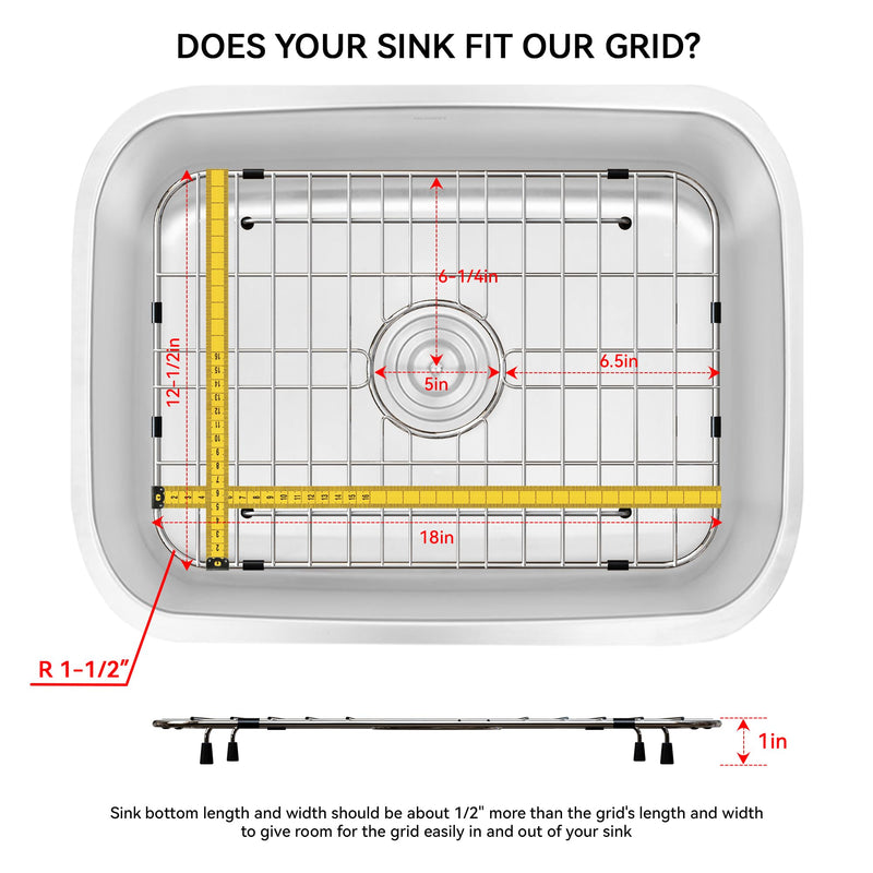 Sink Grid 18" X 12-1/2", Stainless Steel Sink Grids for Bottom of Kitchen Sinks, Centered Drain with Corner Radius 1-1/2" 18" X 12-1/2" (Centered Drain)
