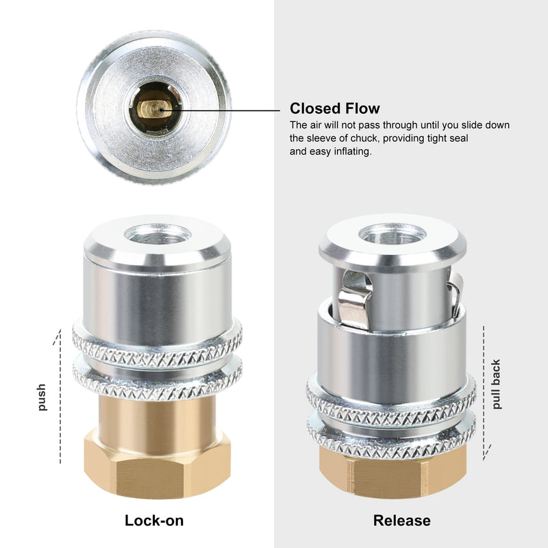 Hromee Lock On Air Chuck, Heavy Duty Closed Flow Tire Chuck, 1/4" FNPT for Tire Inflator and Standard Bore Valve Stem Quick Connector