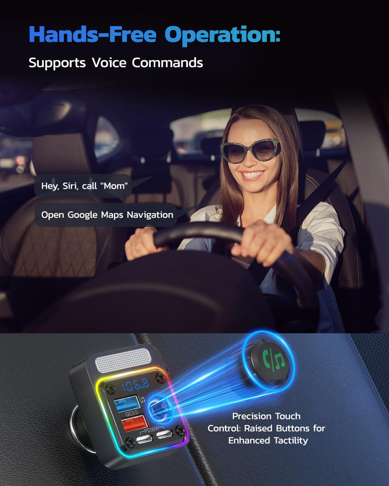 Nulaxy 54W Bluetooth 5.3 Car Adapter with 4 Charging Ports [PD 36W & QC3.0 18W], Wireless Radio FM Transmitter with Deep Bass Player & 5 Colors LED Backlit, Hands-Free Calling - NX16 Black A-Black