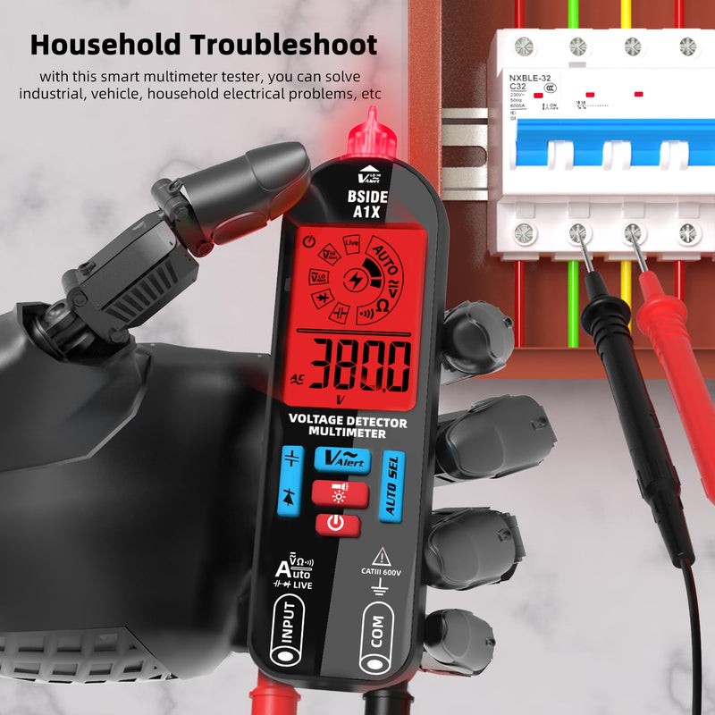 BSIDE Digital Multimeter Tester Rechargeable Electrical Voltmeter, Smart Mode with Red & Green Backlight, Measures Capacitance Diode Ohm Continuity V-Alert DC AC Voltage with Carrying Case A1X with Bag