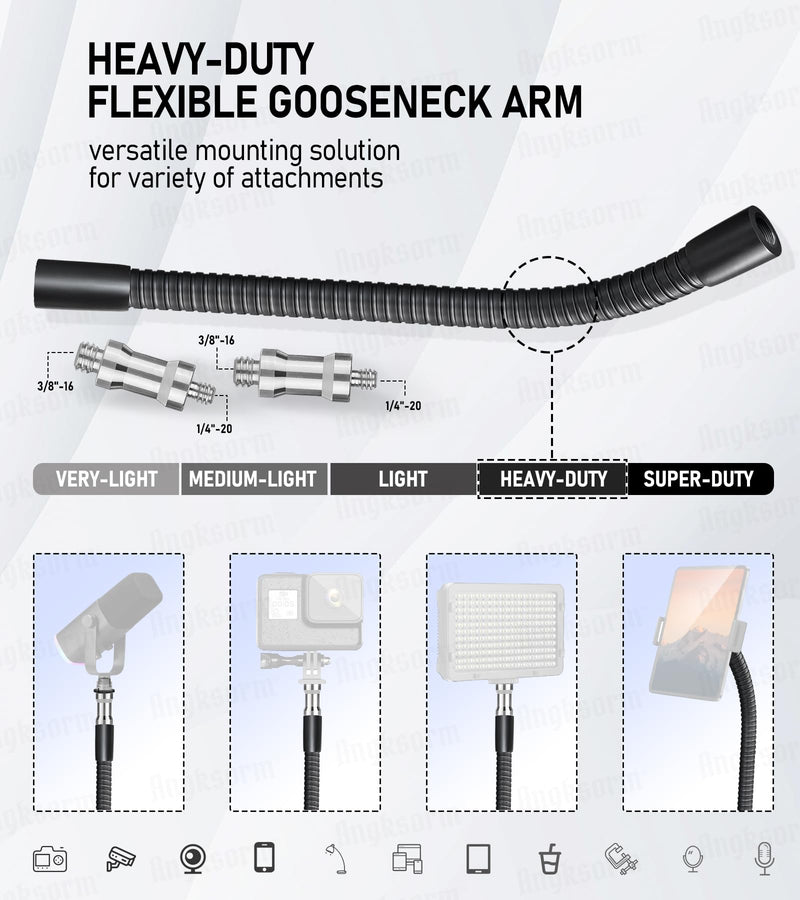 Heavy-Duty 13" Flexible Gooseneck Arm Extension Tube Bar Rod Kit Flex Mount with 1/4" & 3/8" Threads for Mobile Phones Cameras Mic Lighting and More Fits Most Stands Tripods Rigs Grips and Clamps 13 Inch
